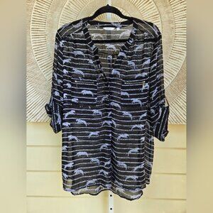 Reitmans Blouse 3/4 Sleeve Semi Sheer Chiffon Striped Jaguar Print Sz XXL